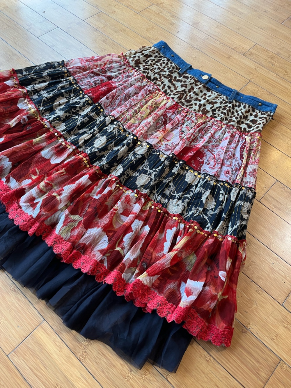 XOXO Y2K Tiered Mixed Media Floral Patchwork Low Rise Artsy Skirt with Sequins